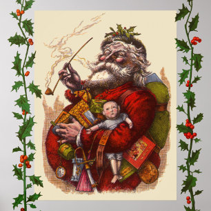 Vintage jul, Victorian Jultomten Pipe Leksaker Poster