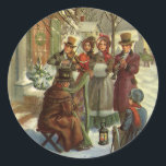Vintage jul, Victorian Musician Caroling Runt Klistermärke<br><div class="desc">Vintage illustration Viktoriansk julbild som visar musiker på gatuspelande musikinstrument och sjunger sång under vintersäsongen.</div>