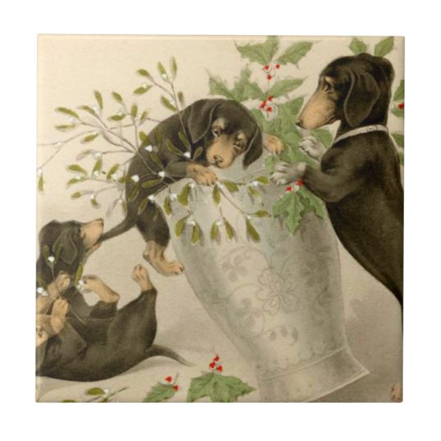 Vintage jul Victorian söt dachshund hundar Kakelplatta (Framsidan)