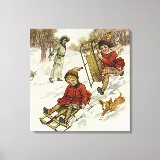 Vintage jul, Viktorian Children Sleding Hund Canvastryck (Framsida)