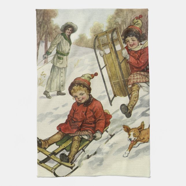 Vintage jul, Viktorian Children Sleding Hund Kökshandduk (Vertikal)