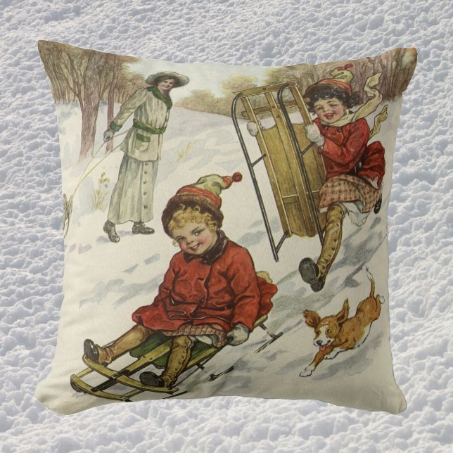 Vintage jul, Viktorian Children Sleding Hund Kudde (Skapare uppladdad)