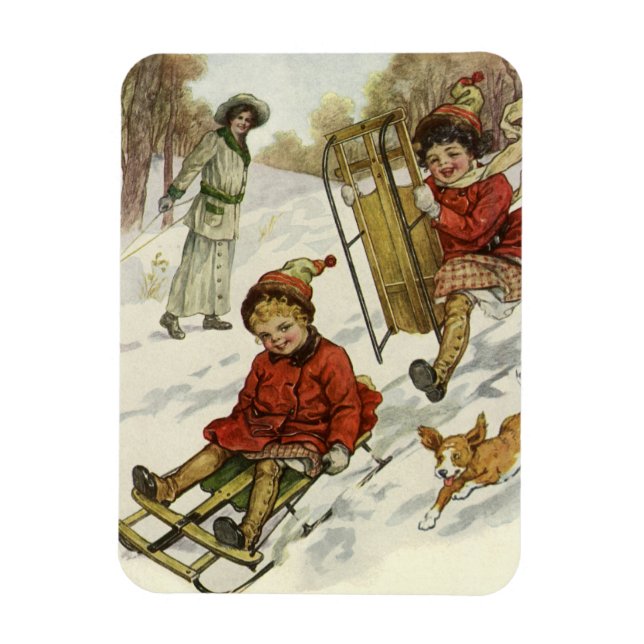 Vintage jul, Viktorian Children Sleding Hund Magnet (Vertikal)