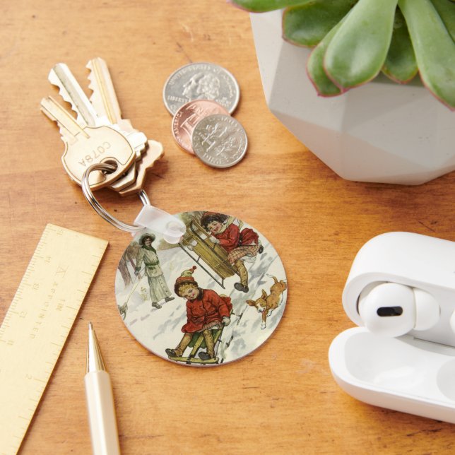 Vintage jul, Viktorian Children Sleding Hund Nyckelring (Skrivbord)