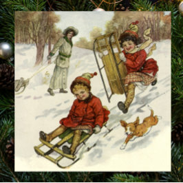 Vintage jul, Viktorian Children Sleding Hund Poster