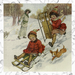 Vintage jul, Viktorian Children Sleding Hund Pussel