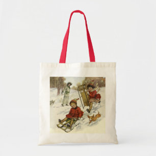 Vintage jul, Viktorian Children Sleding Hund Tygkasse