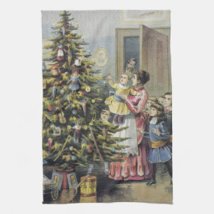 Vintage jul, viktoriansk familj runt julgranen kökshandduk
