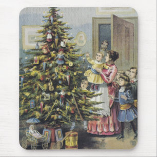 Vintage jul, viktoriansk familj runt trädet musmatta