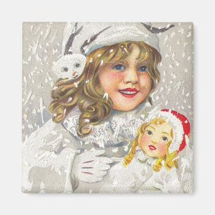 Vintage jul viktoriansk flicka med docka i snö magnet