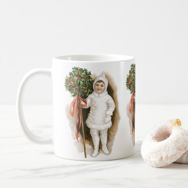 Vintage jul, viktoriansk flicka med järnek kaffemugg (Med munk)