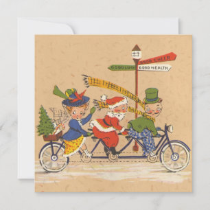 Vintage jul, viktoriansk jultomte på cykel julkort