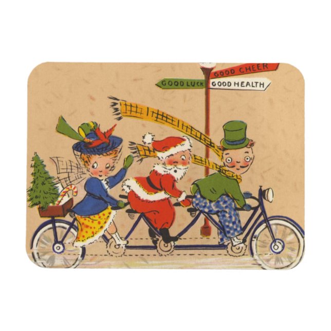 Vintage jul, viktoriansk jultomte på cykel magnet (Horisontell)