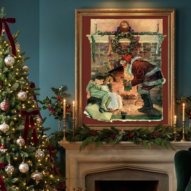 Vintage jul, viktoriansk tomte barn poster (Vintage Santa Claus delivering toys to sleeping children by the fireplace on Christmas Eve.)