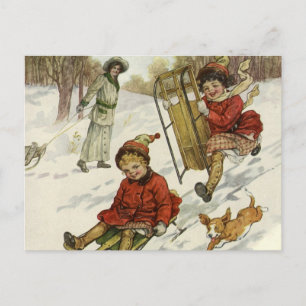 Vintage jul, viktorianska barn åker släde hund helg vykort