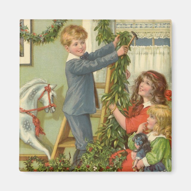 Vintage jul, viktorianska barn dekorerar magnet (Framsidan)