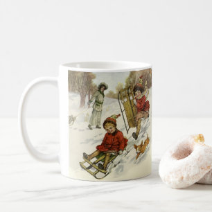 Vintage jul, viktorianska barn som åker pulka med kaffemugg