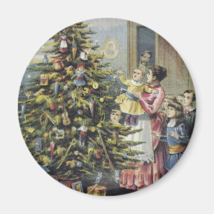 Vintage jul, Viktorianska familjen runt Träd Magnet