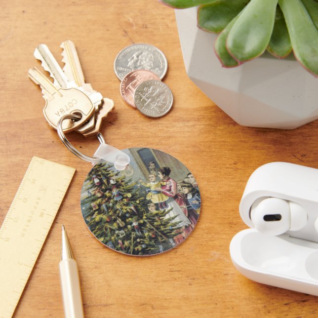 Vintage jul, Viktorianska familjen runt Träd Nyckelring (Skrivbord)