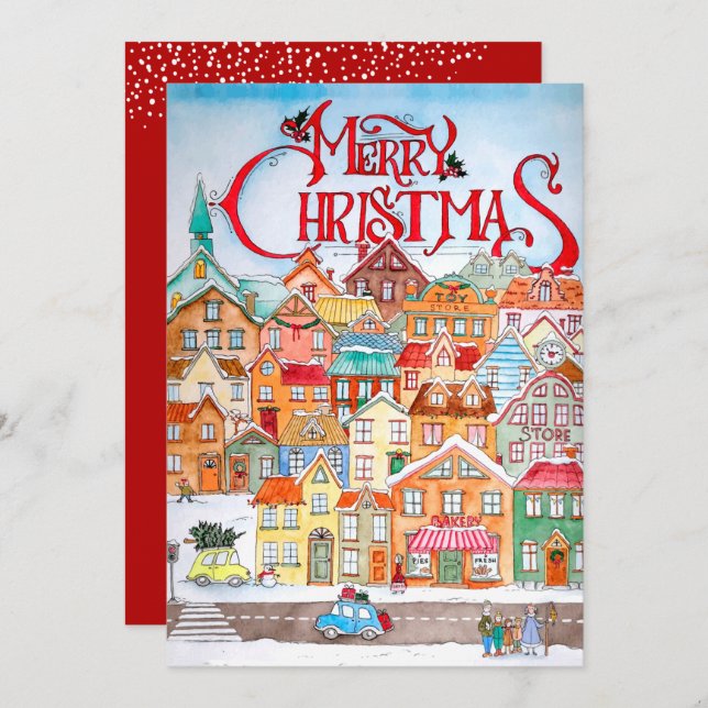 Vintage jul Village Flat Julkort (Fram/baksida)