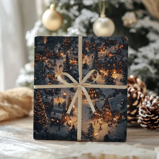 Vintage jul Village på natten Presentpapper (Skapare uppladdad)