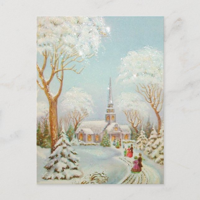 Vintage jul Vinter Church Scene Helg Vykort (Framsida)