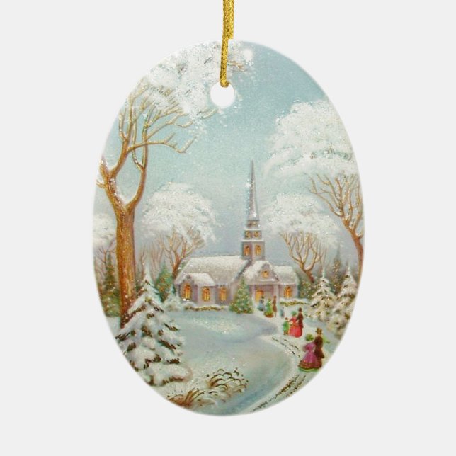 Vintage jul Vinter Church Scene Julgransprydnad Keramik (Framsidan)