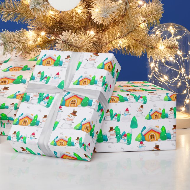 Vintage jul vinter snö man stuga träd  presentpapper (Helgdagar)