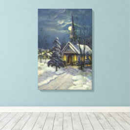 Vintage jul, vinterkyrka i snö med måne canvastryck