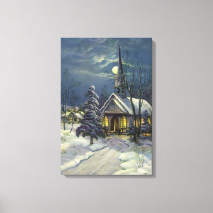 Vintage jul, vinterkyrka i snö med måne canvastryck