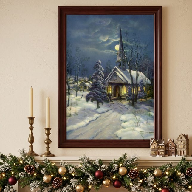 Vintage jul, vinterkyrka i snö med måne poster (Vintage illustration religious Christmas image featuring a church snowscape at night and full moon.)