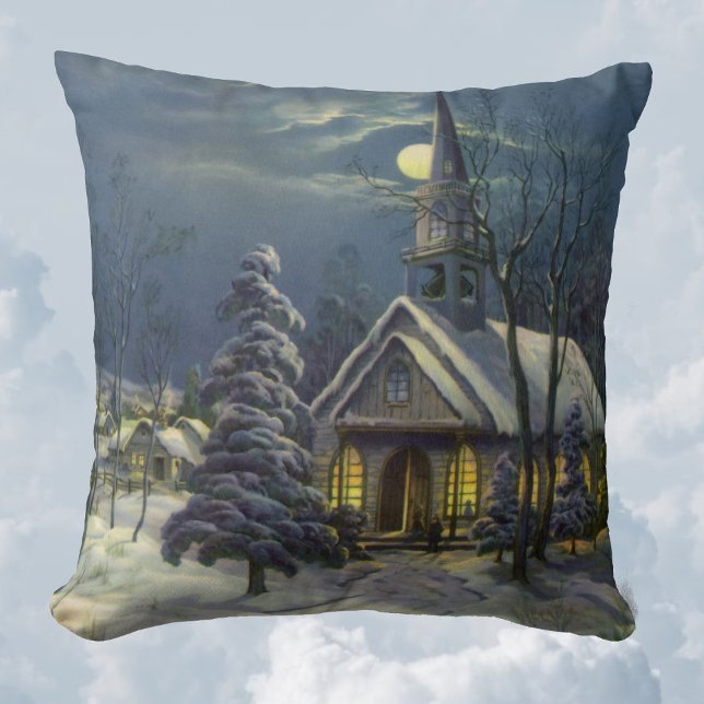 Vintage jul, vinterkyrkan i Snö med Måne Kudde (Skapare uppladdad)