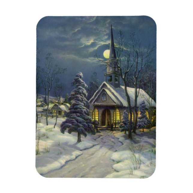 Vintage jul, vinterkyrkan i Snö med Måne Magnet (Vertikal)