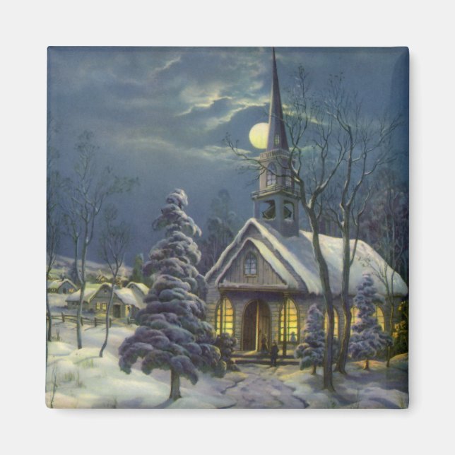 Vintage jul, vinterkyrkan i Snö med Måne Magnet (Framsidan)