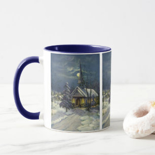 Vintage jul, vinterkyrkan i Snö med Måne Mugg