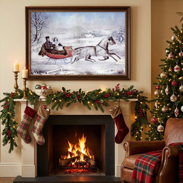 Vintage jul, Vintervägen, hästdragna släde Poster (Vintage illustration Christmas design originally published by Currier & Ives, 1853, The Road Winter.)