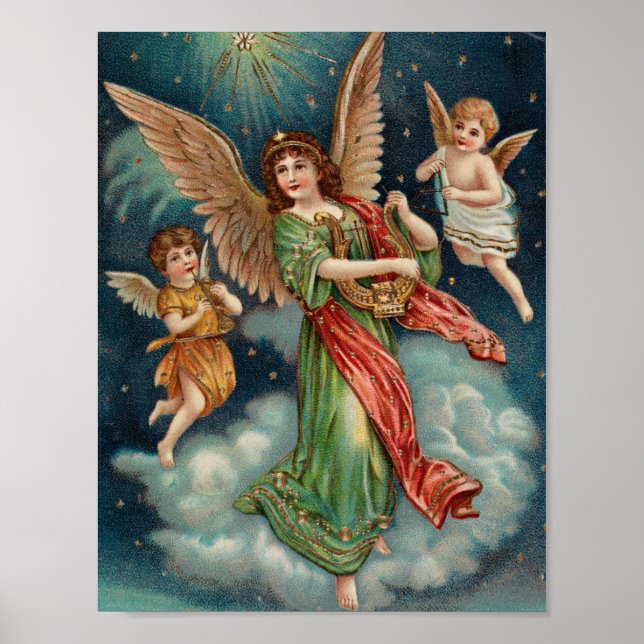 Vintage jul Wall Art | Änglar och Harp Poster (Framsidan)