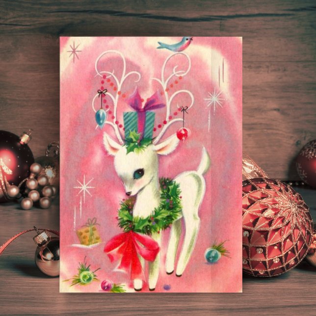 Vintage jul White Reindeer Julkort (Skapare uppladdad)