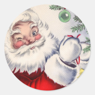Vintage jul Winking Jultomten Sticker Runt Klistermärke