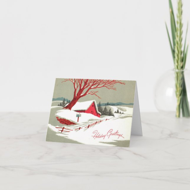 Vintage jul Winter Red Barn Helgkort (Framsida)