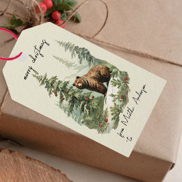 Vintage jul Winter Woodland Bear Namn Presentetikett