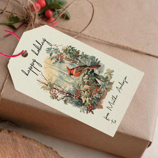 Vintage jul Winter Woodland Bird Namn Presentetikett (Skapare uppladdad)