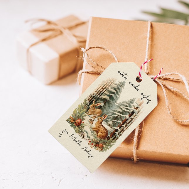 Vintage jul Winter Woodland Hare Namn Presentetikett (Skapare uppladdad)