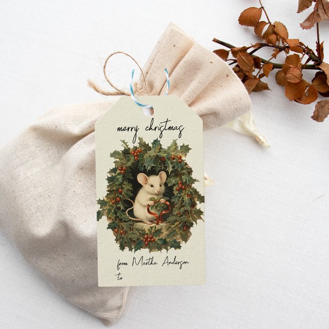 Vintage jul Winter Woodland Mouse Namn Presentetikett (Skapare uppladdad)