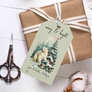 Vintage jul Winter Woodland Polar Bear Namn Presentetikett