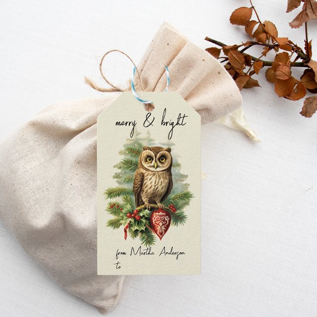 Vintage jul Winter Woodland Uggla Namn Presentetikett (Skapare uppladdad)
