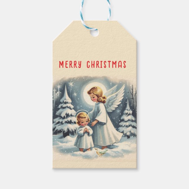 Vintage julängel, barn och fågel presentetikett (Framsidan)