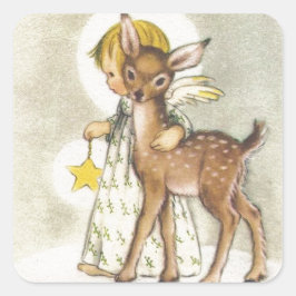 Vintage julängel med Baby Hjort Fyrkantigt Klistermärke