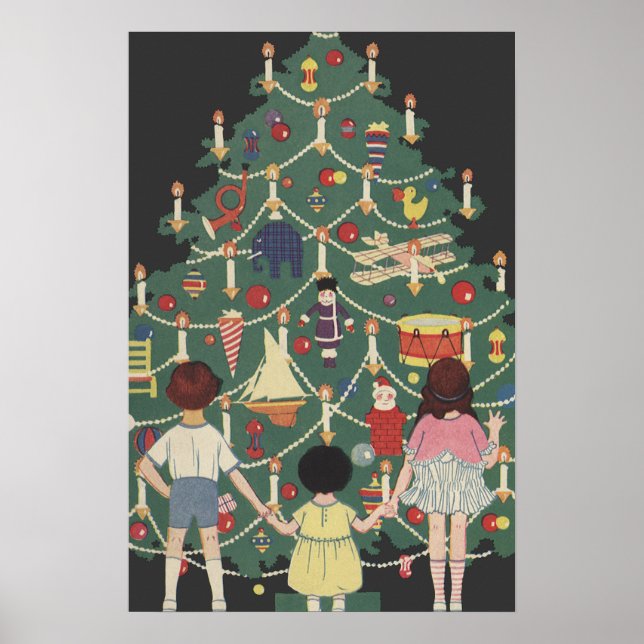 Vintage Julbarn runt en dekorerad Träd Poster (Framsidan)