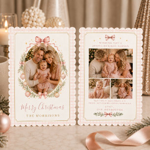 Vintage julbild med rosa band och rutig familj julkort